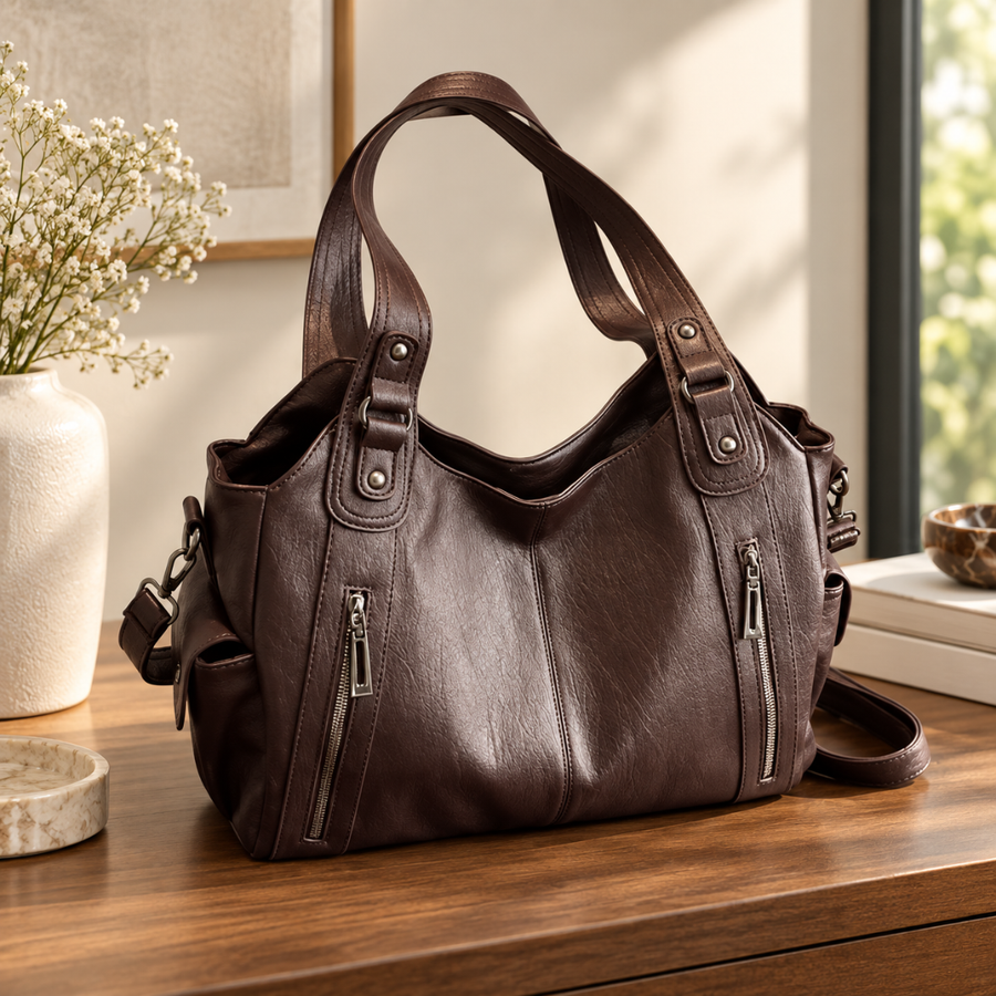 Borsa a spalla donna marrone scuro con zip verticali e manici con borchie