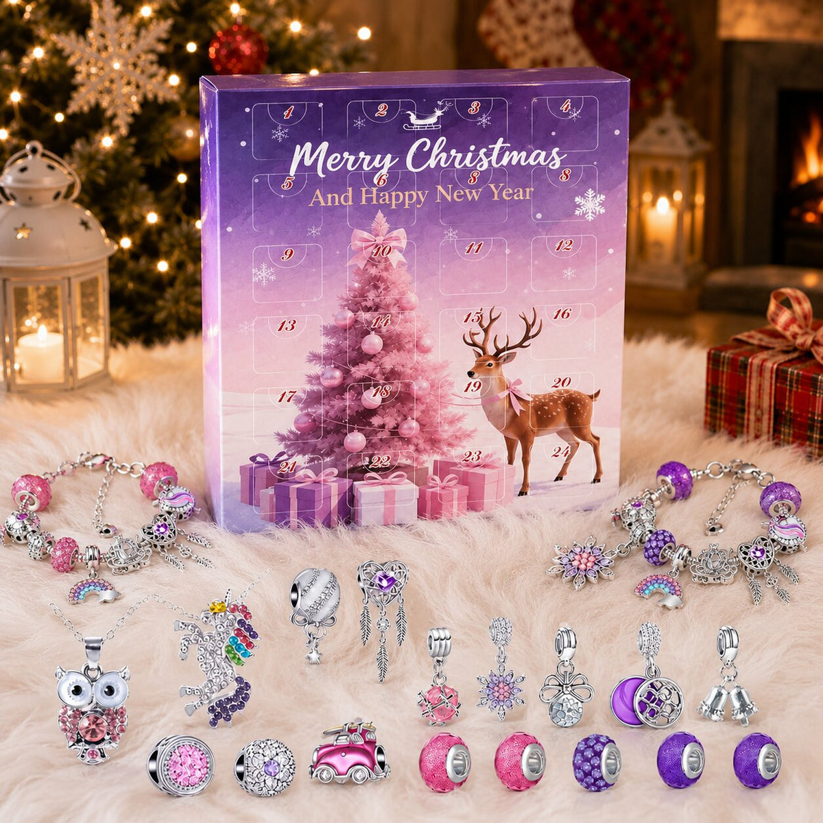 Calendario dell'Avvento con 24 scomparti, braccialetti e charm rosa e viola