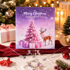 Confezione del calendario dell'Avvento con albero rosa e cervo, gioielli davanti
