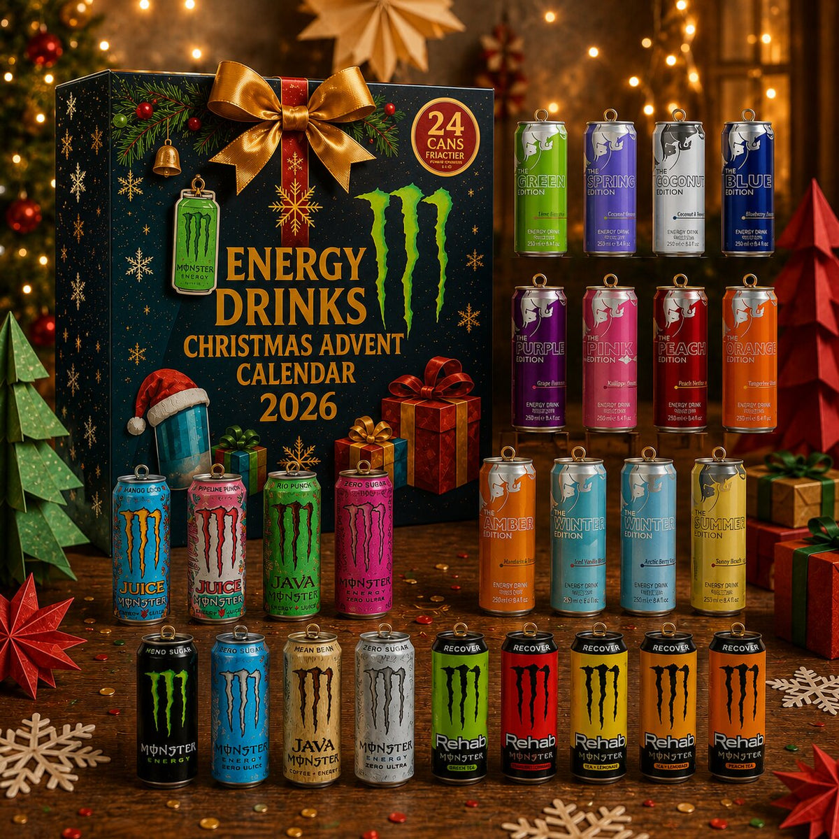 Confezione con fiocco dorato, bollino 24 cans e ornamenti energy drink su tavolo in legno