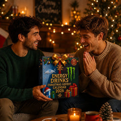 Due ragazzi tengono il calendario dell'Avvento 2026 davanti all'albero di Natale illuminato