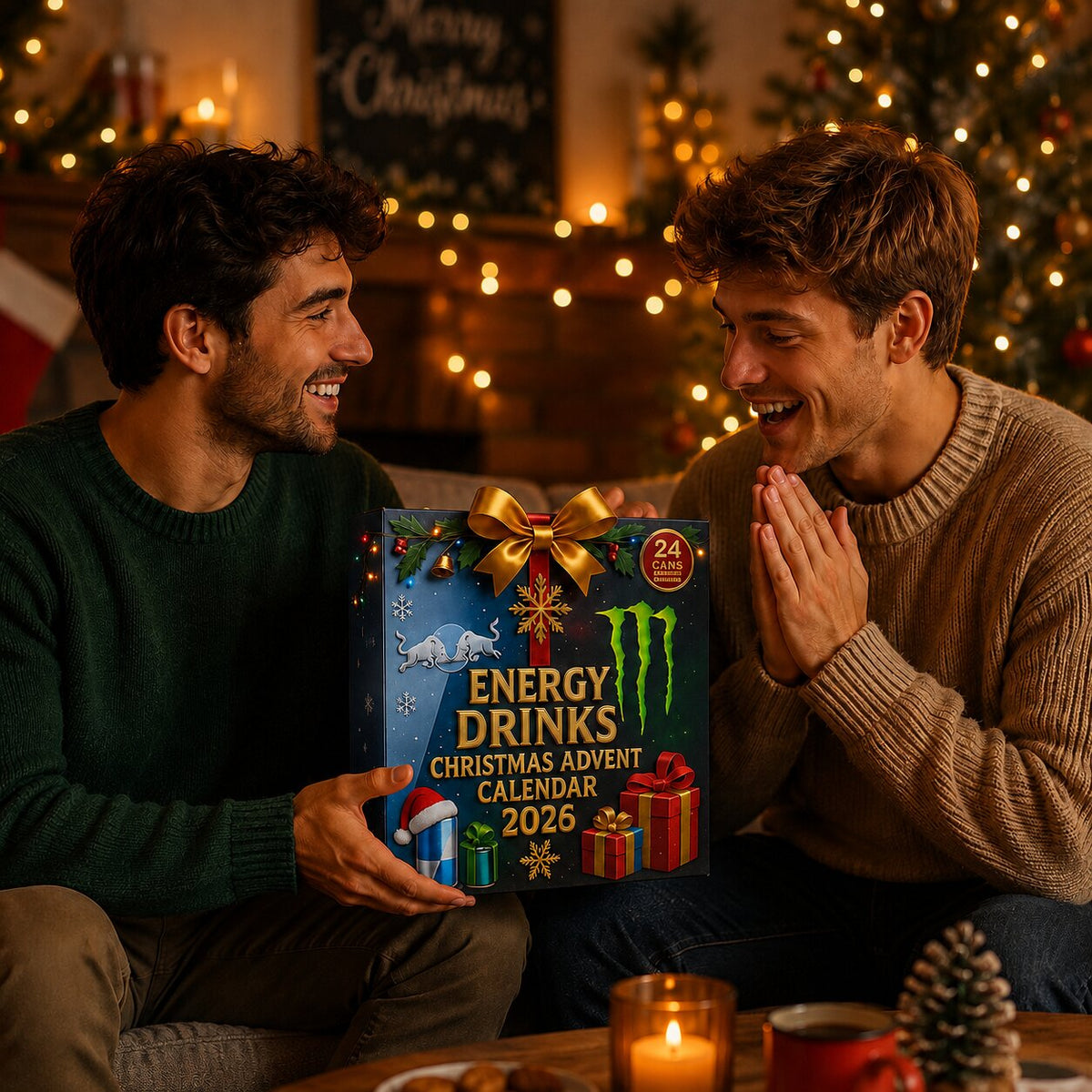 Due ragazzi tengono il calendario dell'Avvento 2026 davanti all'albero di Natale illuminato
