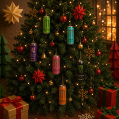 Ornamenti piatti a forma di lattina appesi ai rami dell'albero di Natale decorato