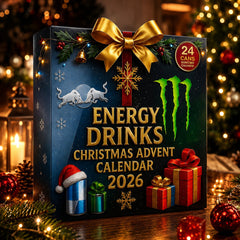 Scatola blu scuro del calendario con fiocco dorato, fiocco di neve e scritte oro