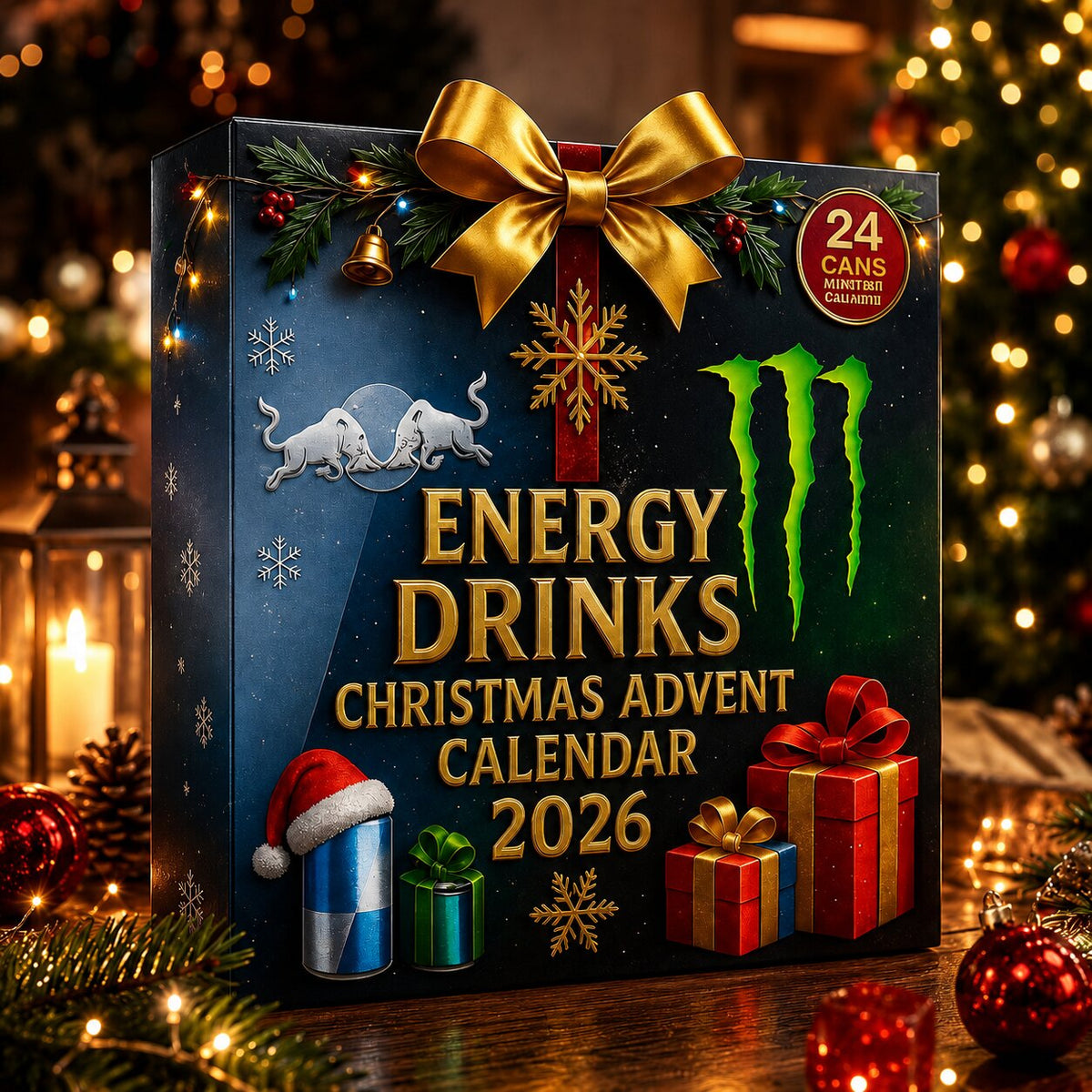 Scatola blu scuro del calendario con fiocco dorato, fiocco di neve e scritte oro