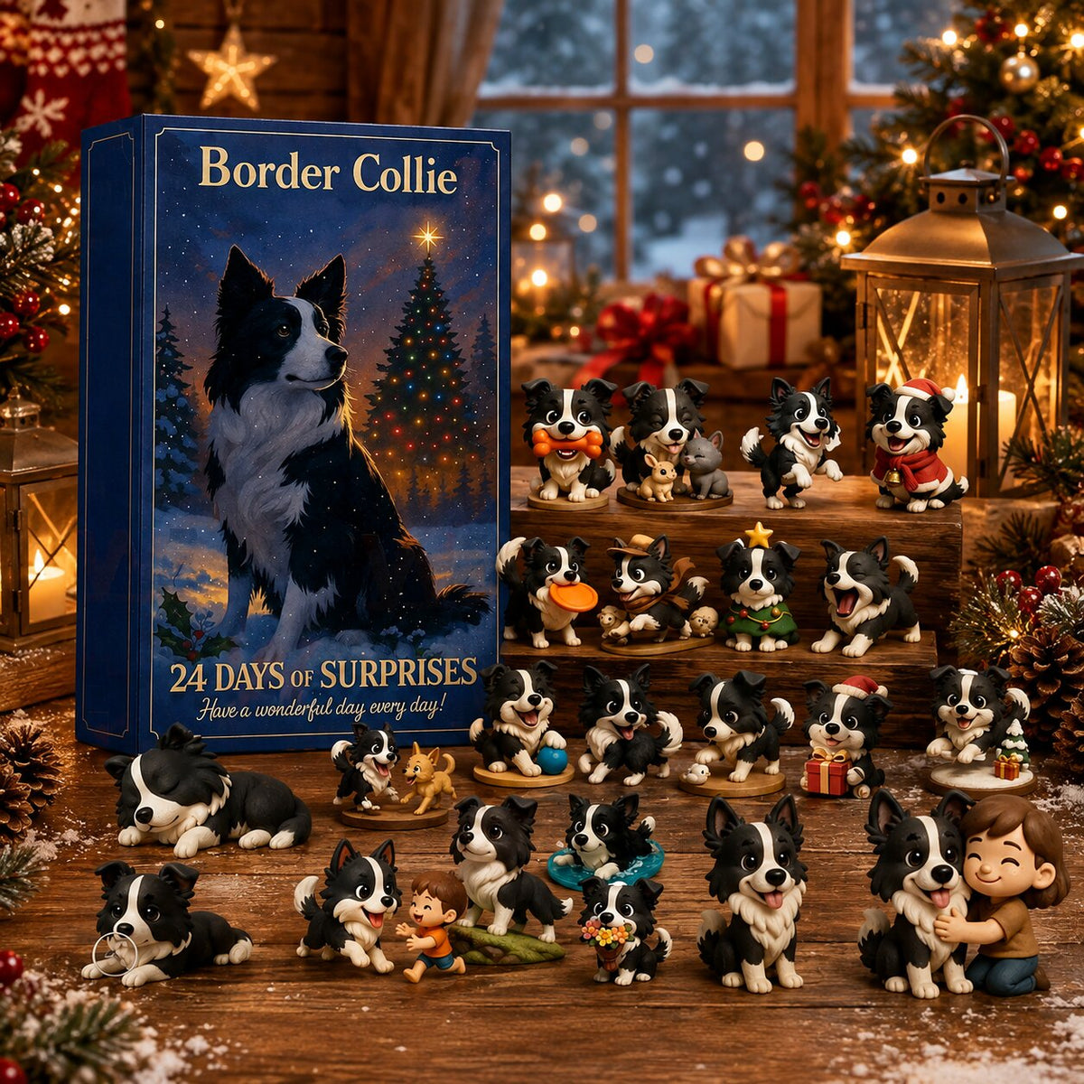 Calendario dell'Avvento Border Collie con confezione blu e ornamenti di cani
