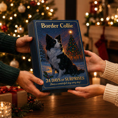 Mani che reggono il calendario dell'Avvento con illustrazione di Border Collie