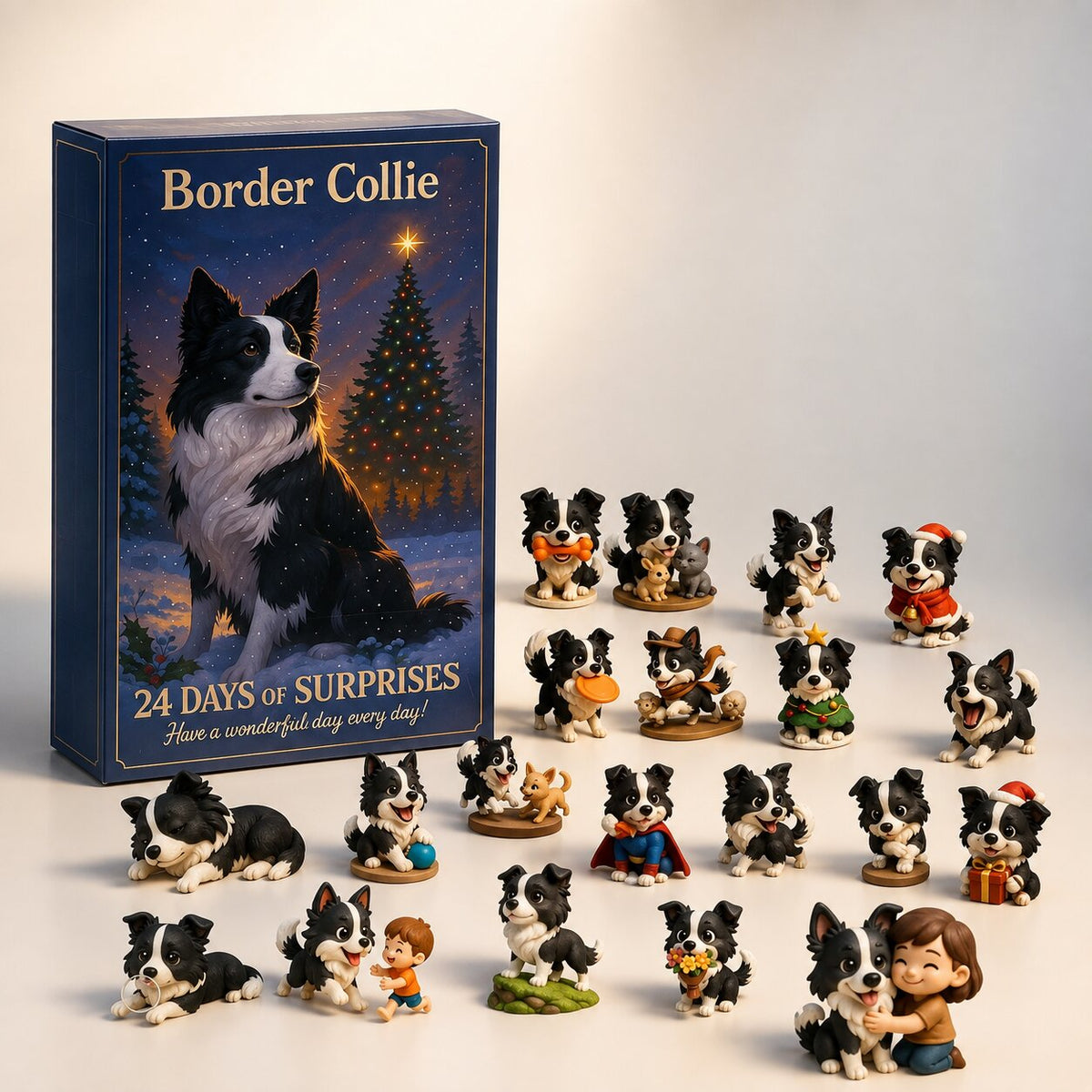 Confezione e ornamenti Border Collie disposti su fondo chiaro neutro