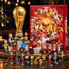 Calendario dell'Avvento calcio con statuette di giocatori e coppa dorata