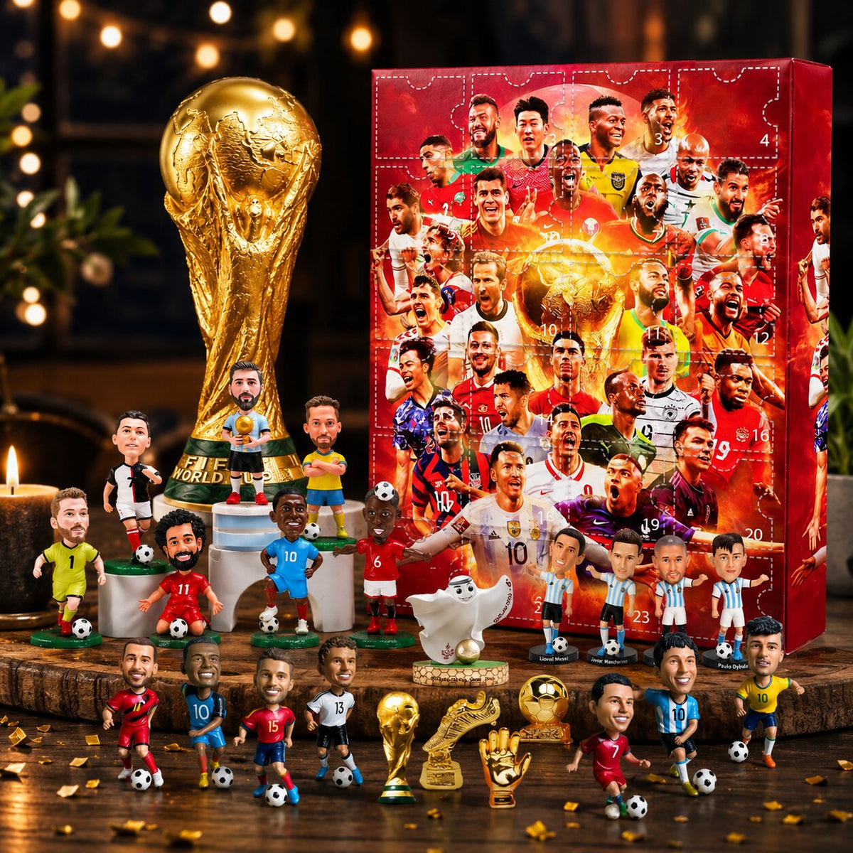 Calendario dell'Avvento calcio con statuette di giocatori e coppa dorata