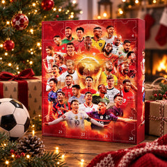 Calendario dell'Avvento rosso con 24 finestrelle numerate accanto a un pallone