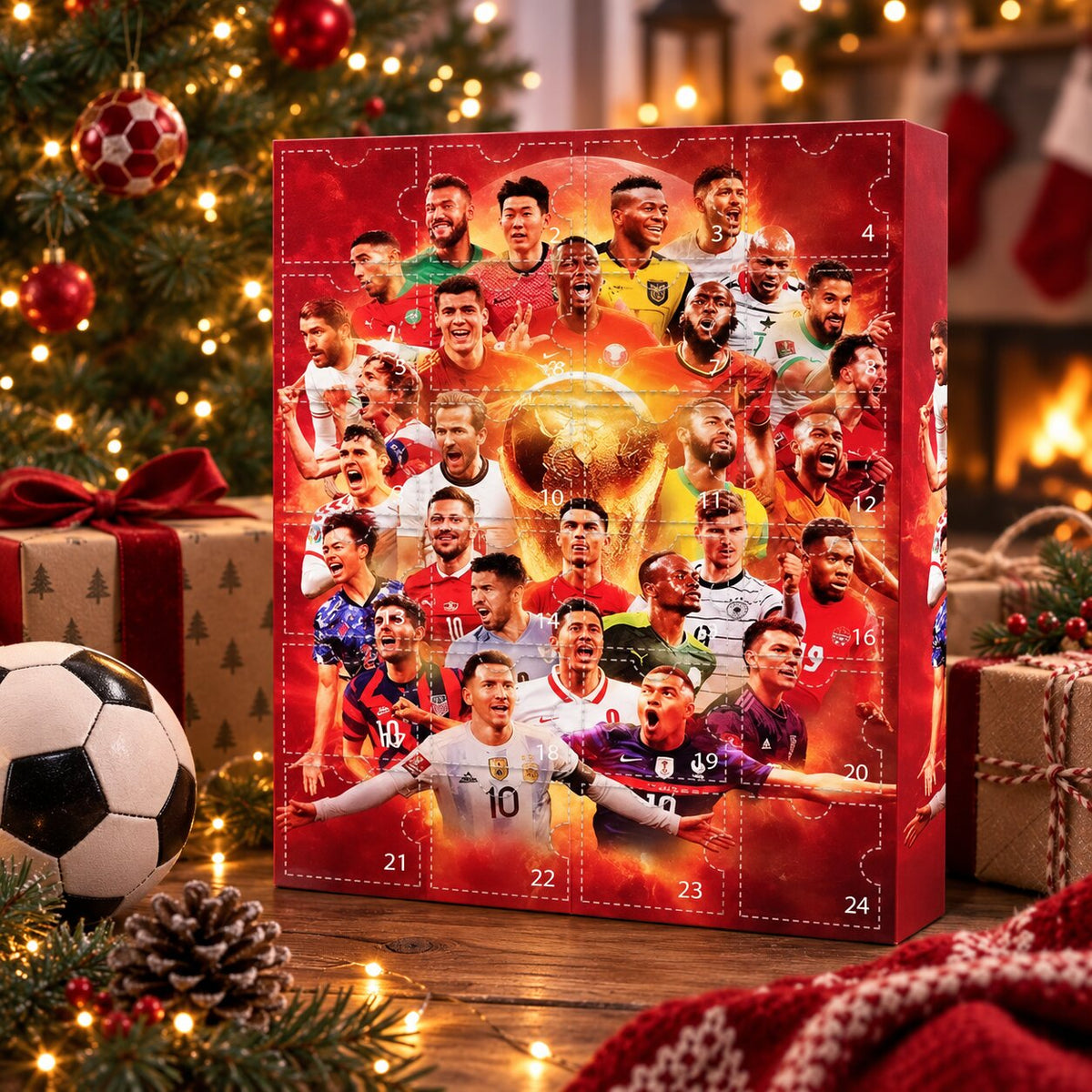 Calendario dell'Avvento rosso con 24 finestrelle numerate accanto a un pallone
