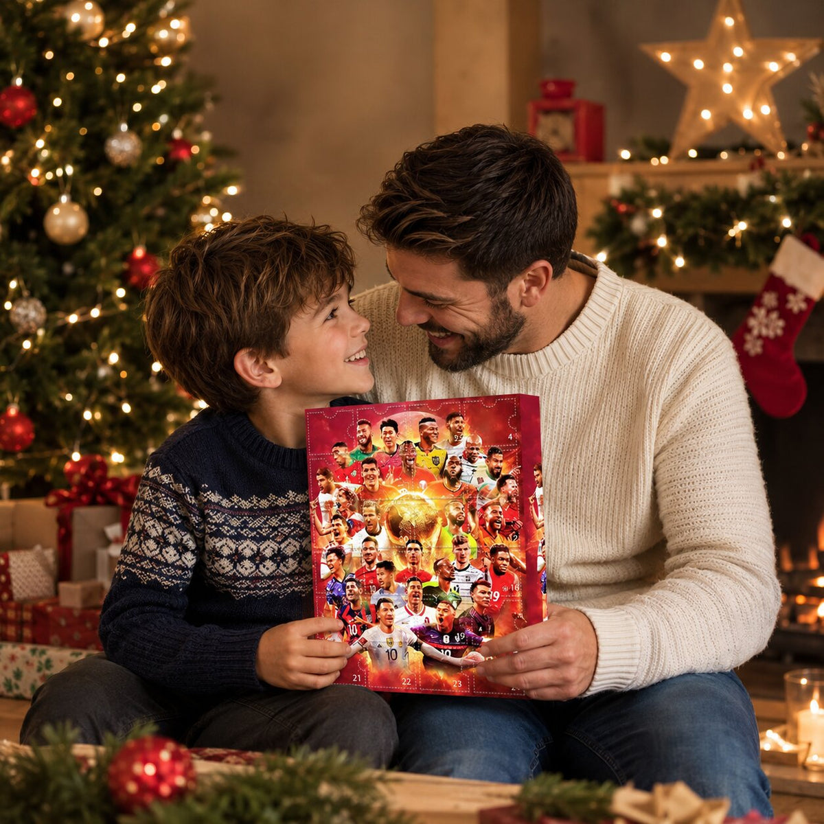 Padre e figlio tengono il calendario dell'Avvento calcio davanti all'albero
