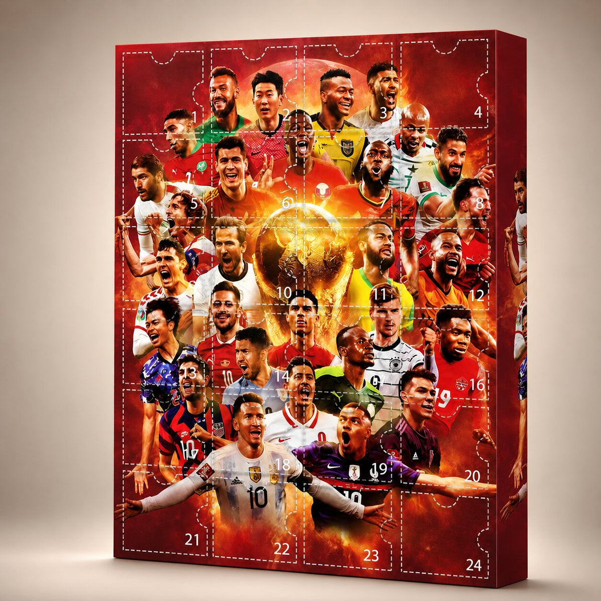 Confezione in cartone del calendario calcio con finestrelle tratteggiate numerate
