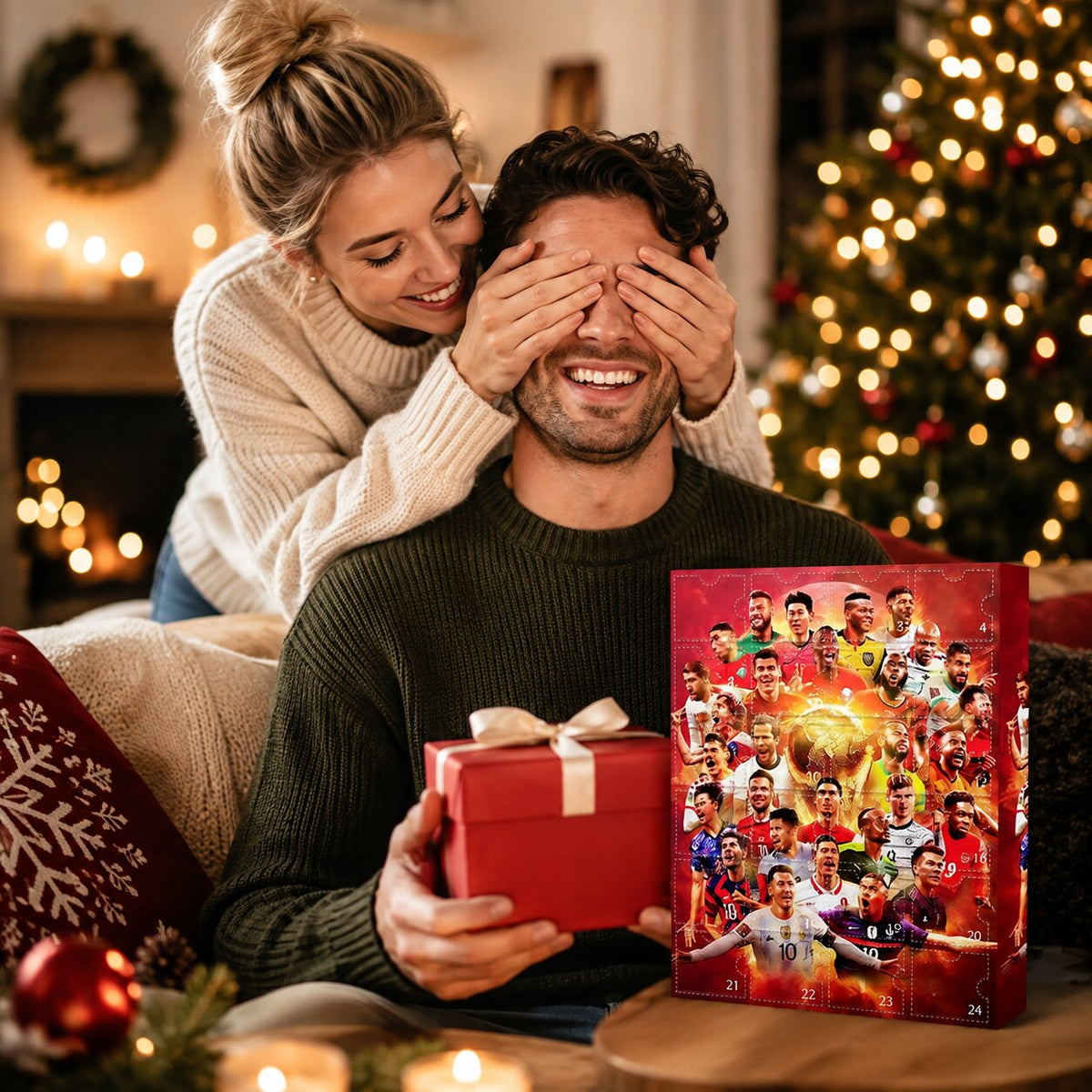 Coppia a Natale con calendario dell'Avvento calcio e regalo rosso