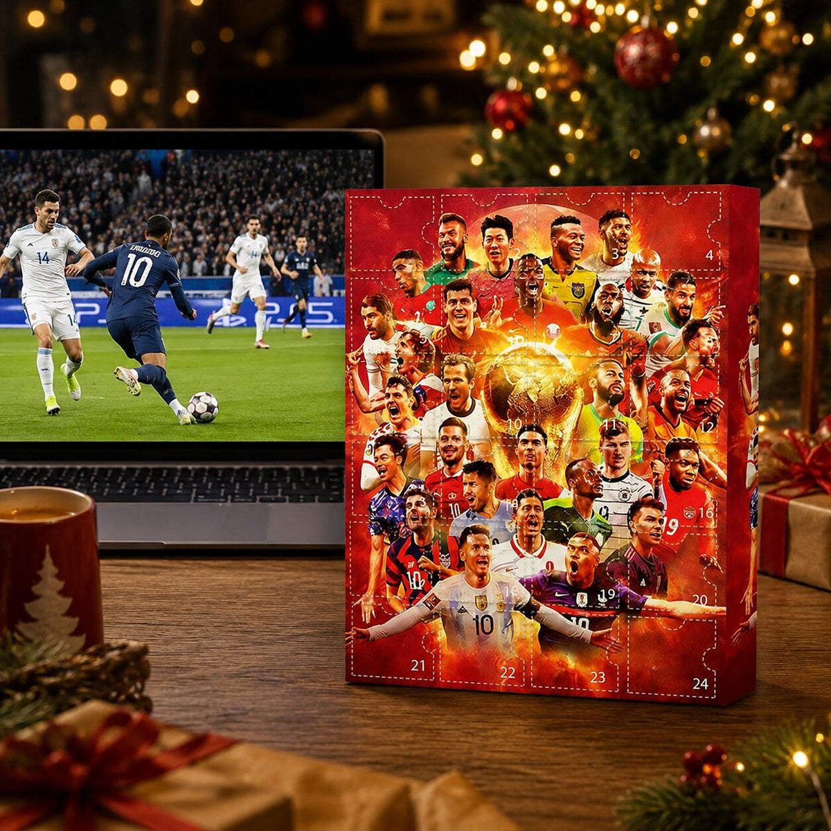 Calendario dell'Avvento calcio su tavolo accanto a un laptop con partita