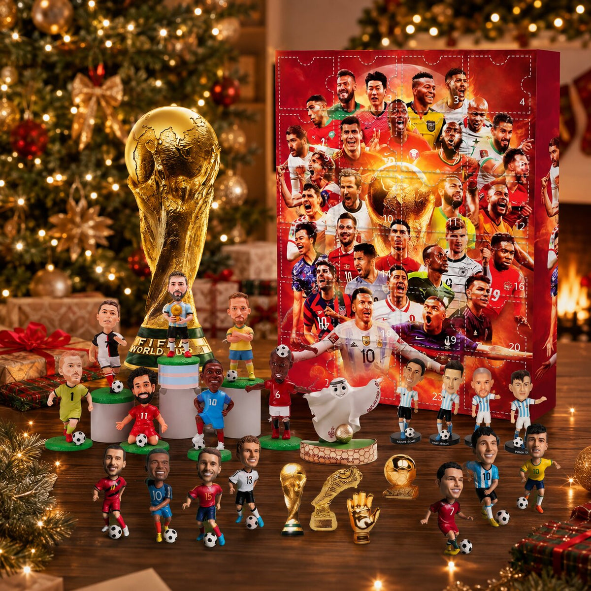 Calendario dell'Avvento con statuette di calciatori e trofei dorati sotto l'albero