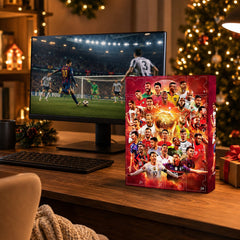 Calendario dell'Avvento calcio sulla scrivania accanto a monitor e regalo