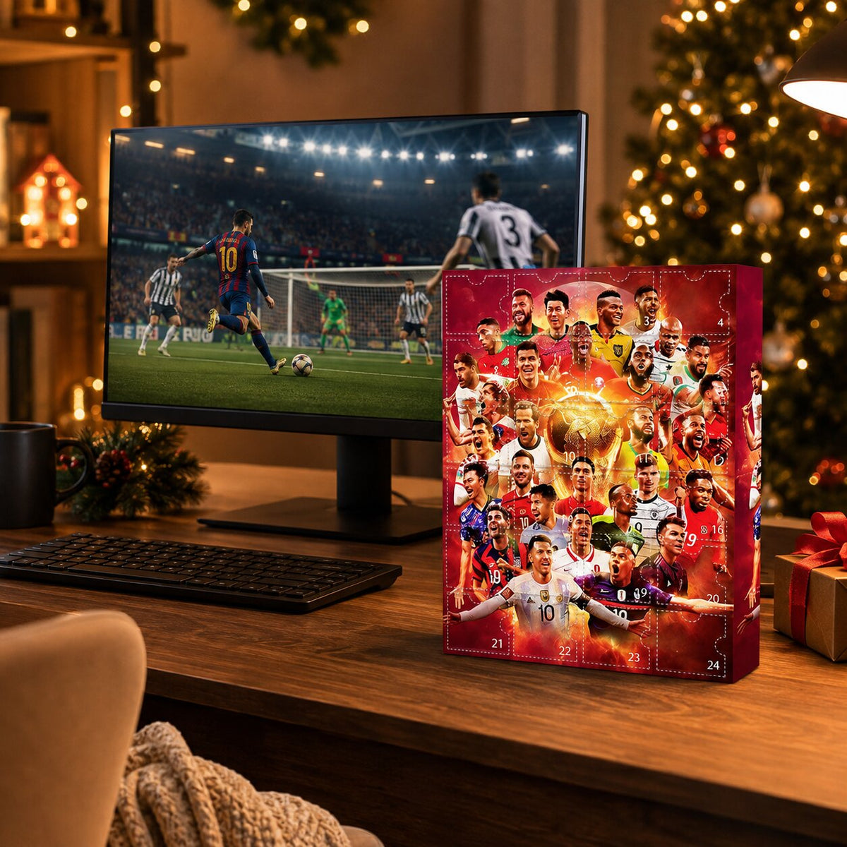 Calendario dell'Avvento calcio sulla scrivania accanto a monitor e regalo