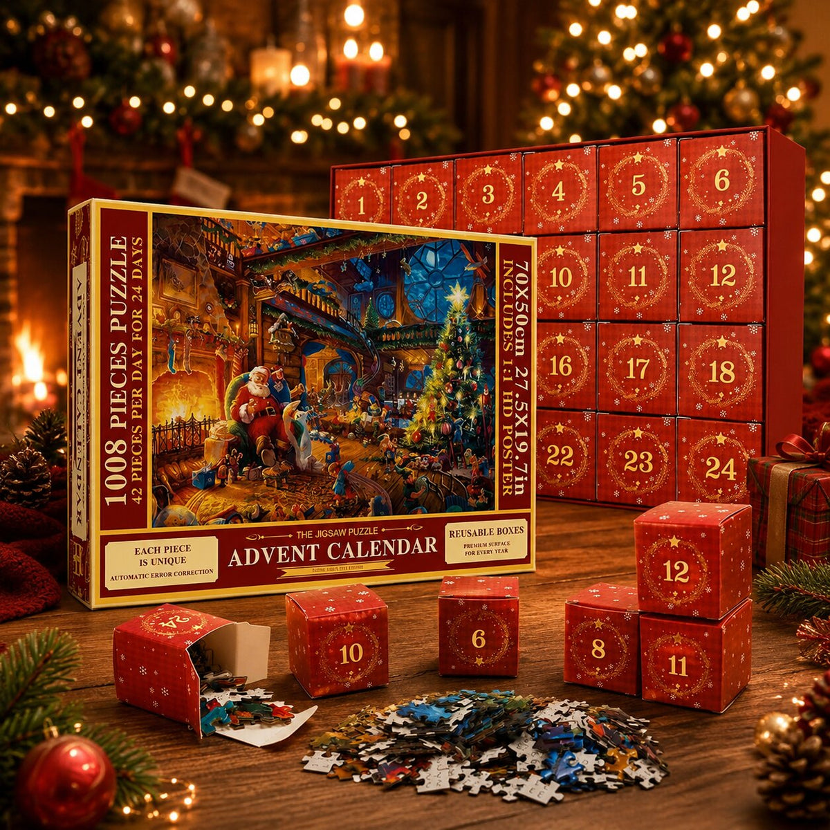 Calendario dell'Avvento con puzzle: confezione, scatoline numerate e pezzi sparsi