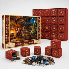 Confezione, espositore con caselle numerate e cubetti di cartone con pezzi del puzzle