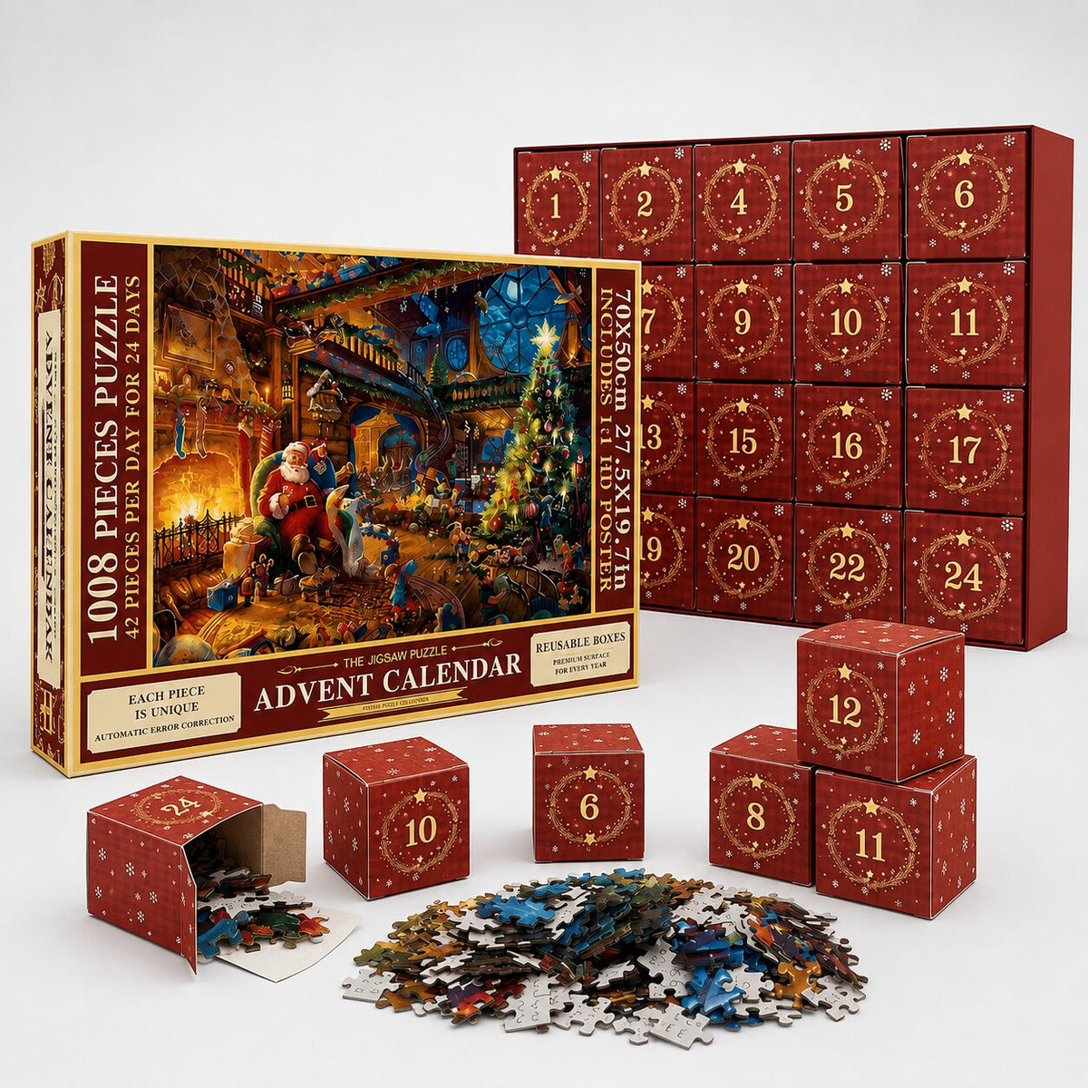 Confezione, espositore con caselle numerate e cubetti di cartone con pezzi del puzzle