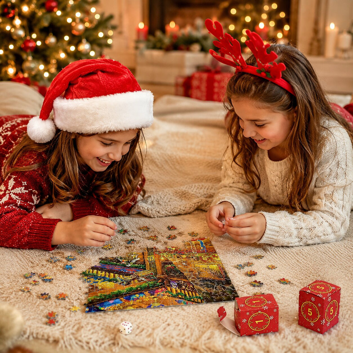 Due bambine compongono il puzzle natalizio accanto alle scatoline numerate 1 e 5