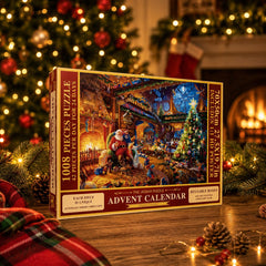 Confezione rossa e dorata del calendario dell'Avvento con puzzle davanti all'albero