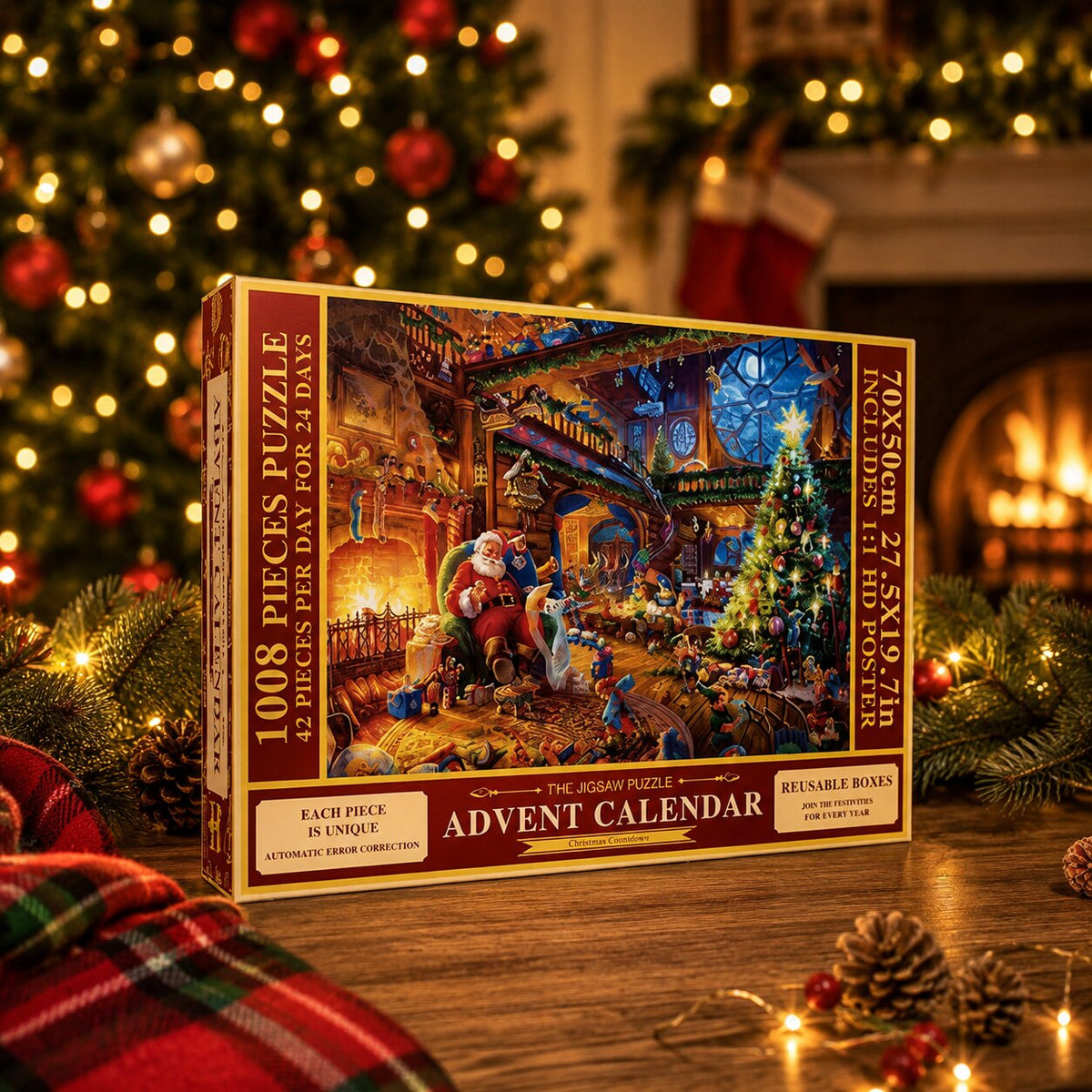 Confezione rossa e dorata del calendario dell'Avvento con puzzle davanti all'albero