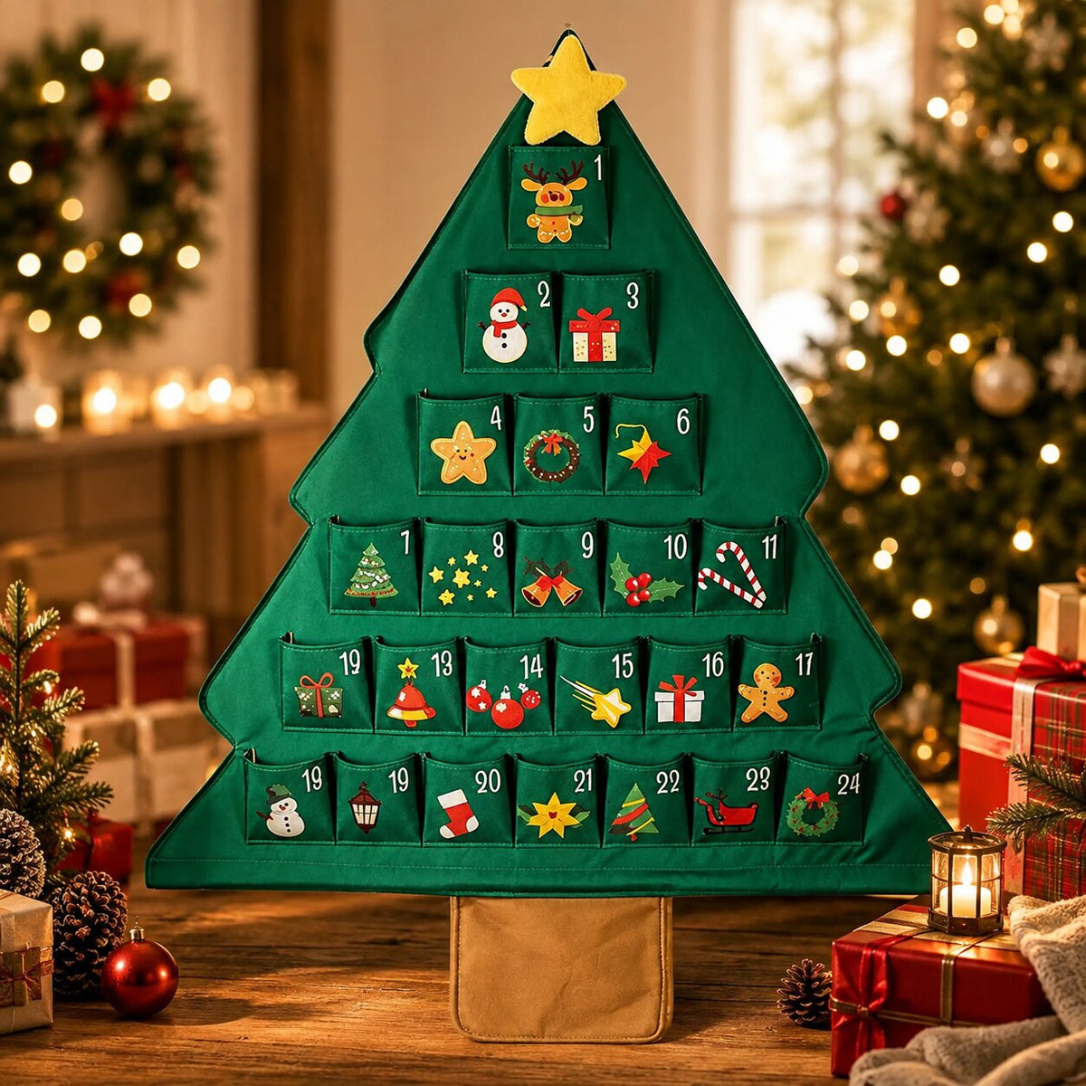 Calendario dell'Avvento ad albero verde con stella gialla e motivi natalizi colorati