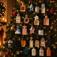 Ornamenti 2D a forma di flacone di profumo appesi con nastri rossi all'albero di Natale