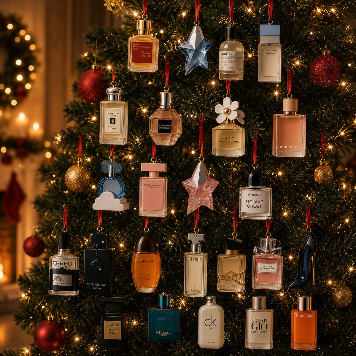 Ornamenti 2D a forma di flacone di profumo appesi con nastri rossi all'albero di Natale