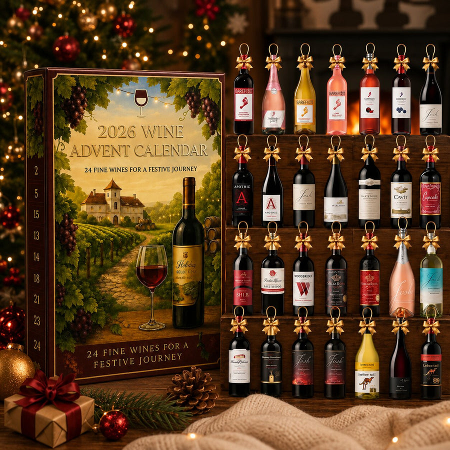 Calendario dell'Avvento del vino 2026 con ornamenti bottiglia e fiocchi dorati