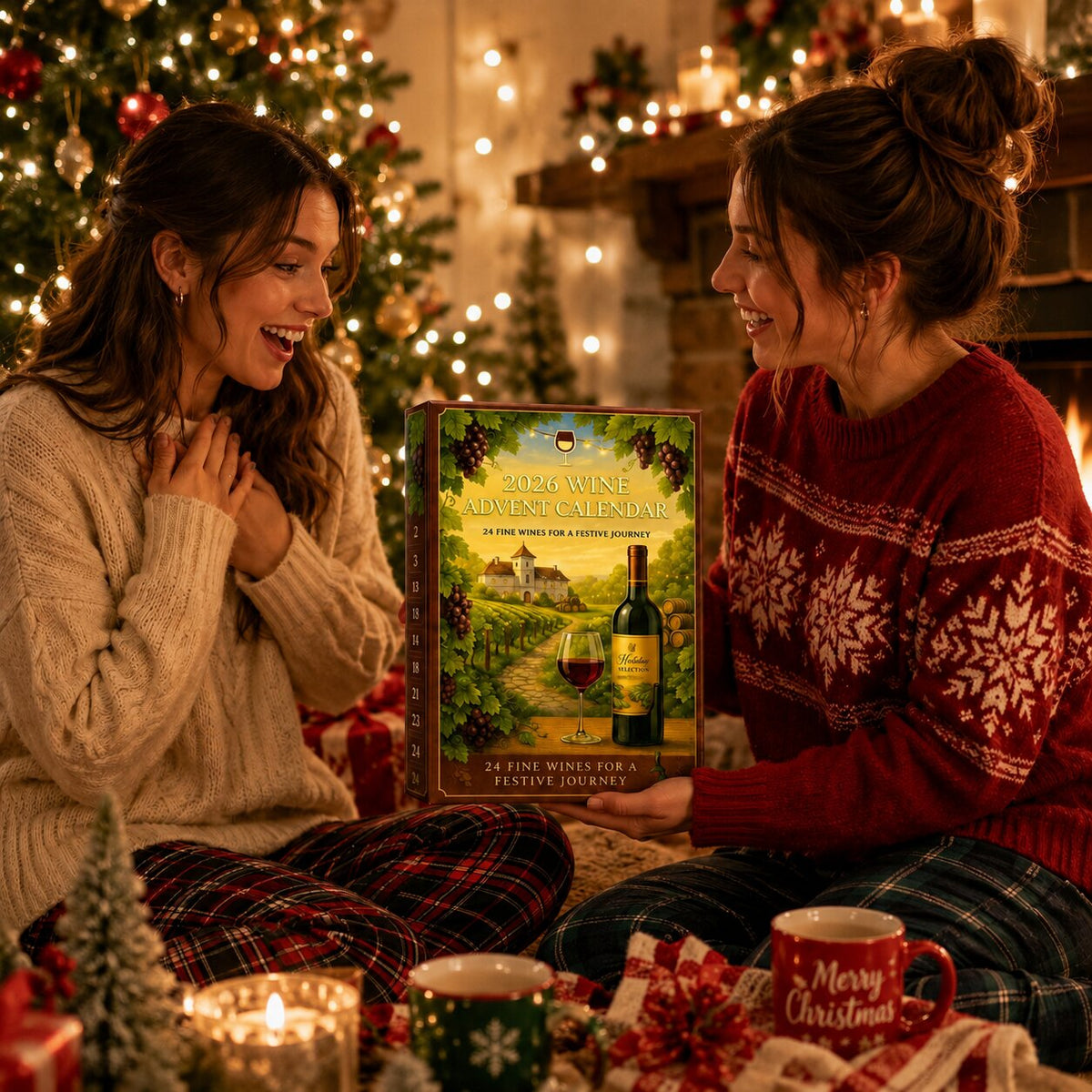 Due donne con il calendario dell'Avvento del vino davanti all'albero di Natale