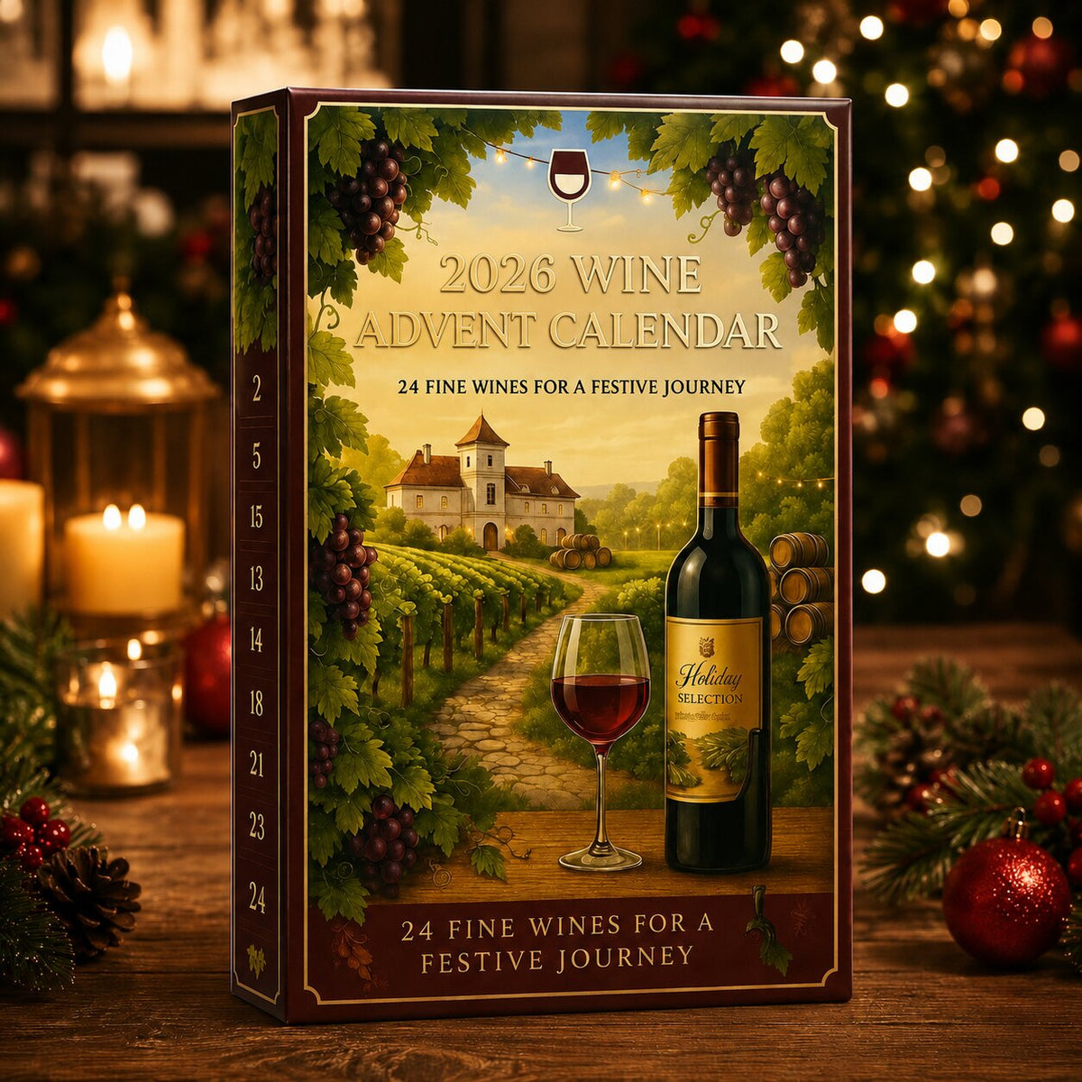 Confezione del calendario dell'Avvento con illustrazione di vigneto e finestrelle numerate