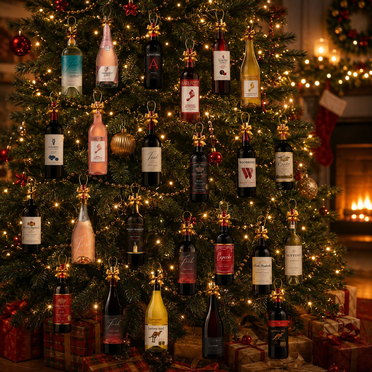 Ornamenti 2D a forma di bottiglia di vino appesi all'albero di Natale illuminato