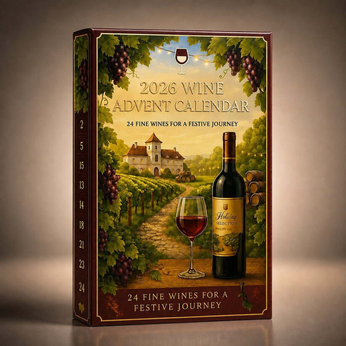 Scatola del calendario dell'Avvento del vino 2026 su sfondo neutro, dettaglio dei numeri