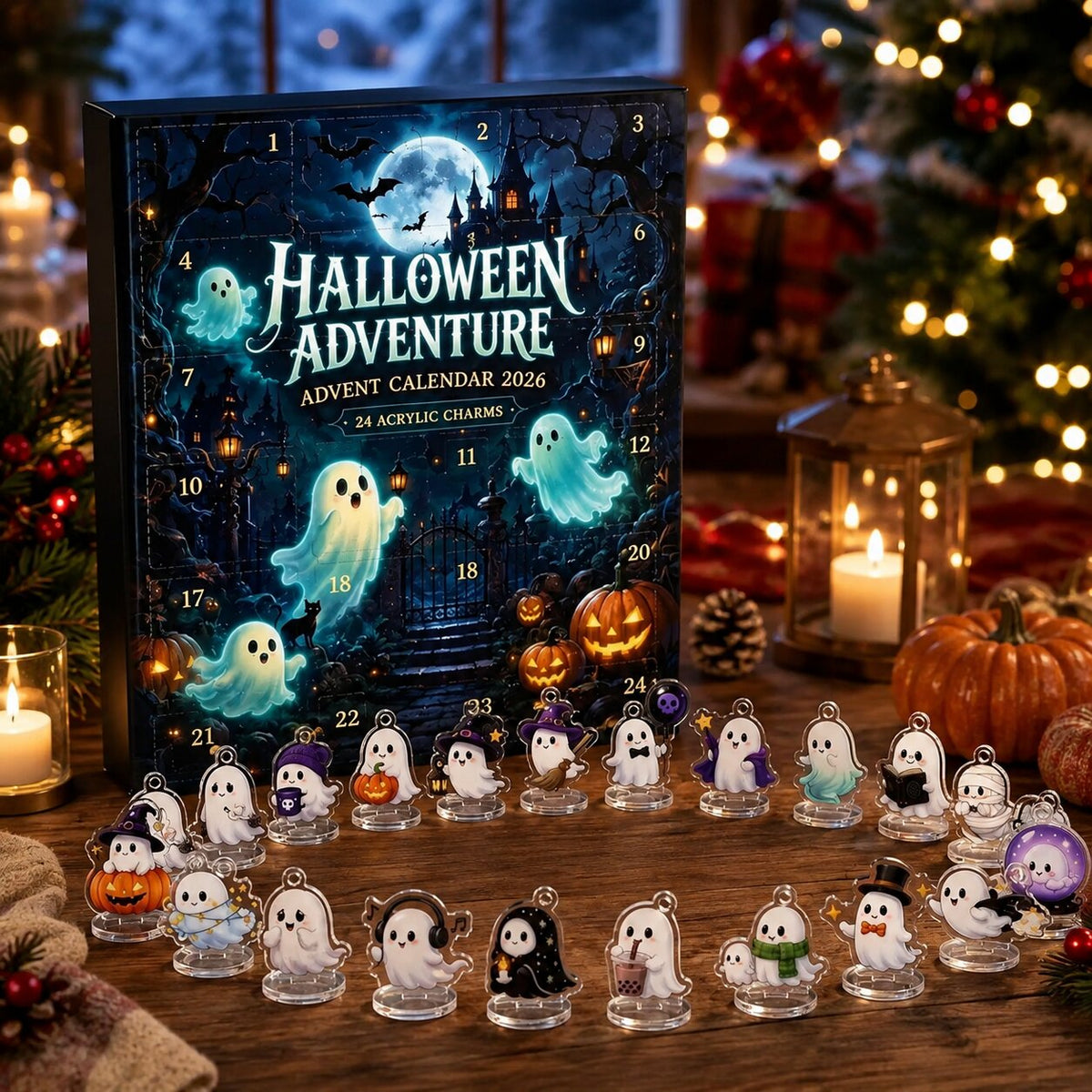 Calendario dell'Avvento di Halloween 2026 con 24 ciondoli fantasma esposti su tavolo in legno