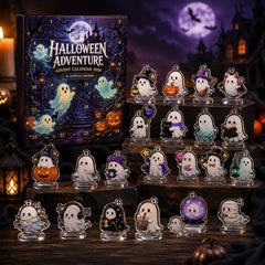 Confezione del calendario di Halloween con i 24 ciondoli disposti su gradini di pietra