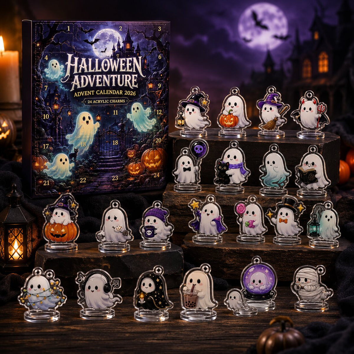Confezione del calendario di Halloween con i 24 ciondoli disposti su gradini di pietra