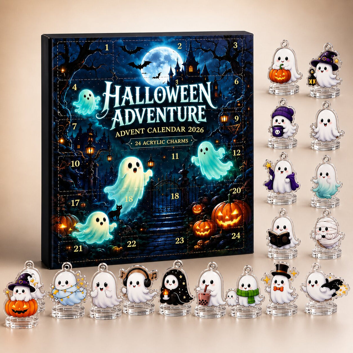 Calendario di Halloween con scomparti numerati e tutti i ciondoli 2D su sfondo beige