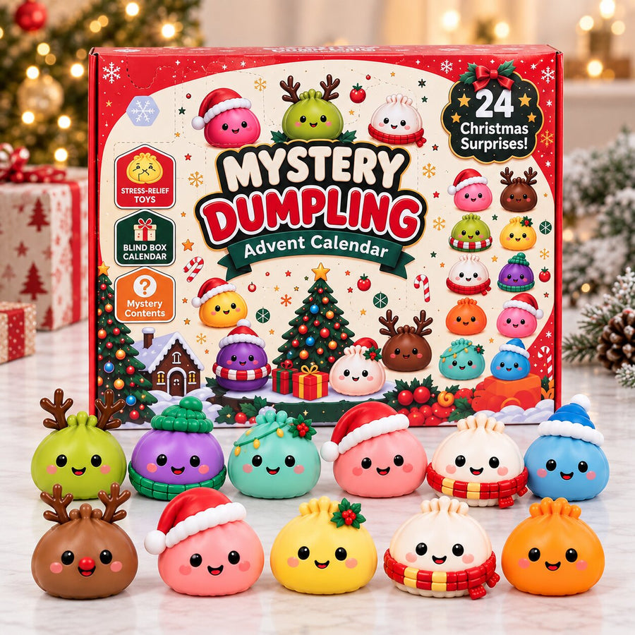 Calendario dell'Avvento Dumpling con scatola rossa e figure Squishy colorate davanti