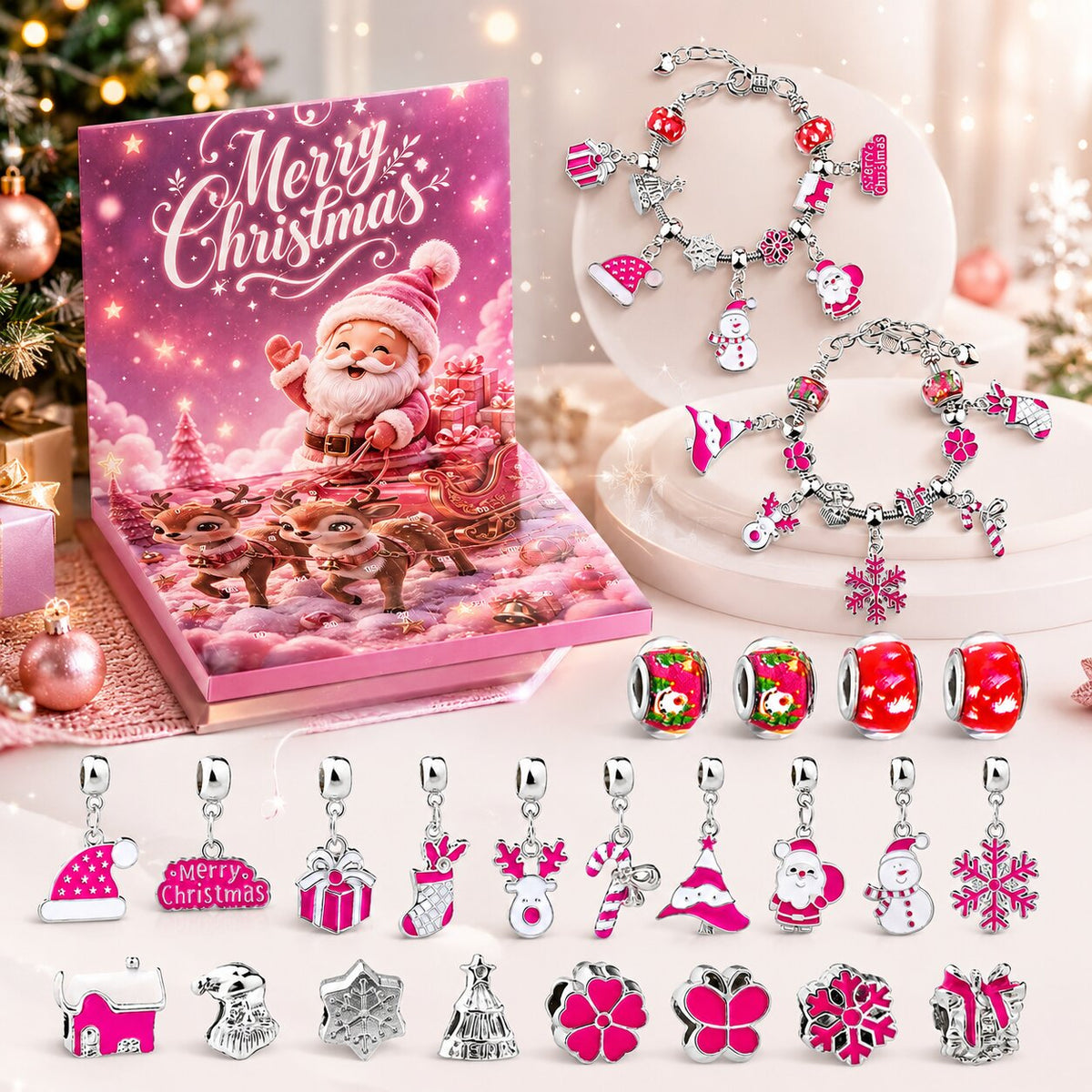 Calendario dell'Avvento aperto con braccialetti, perle e ciondoli natalizi rosa