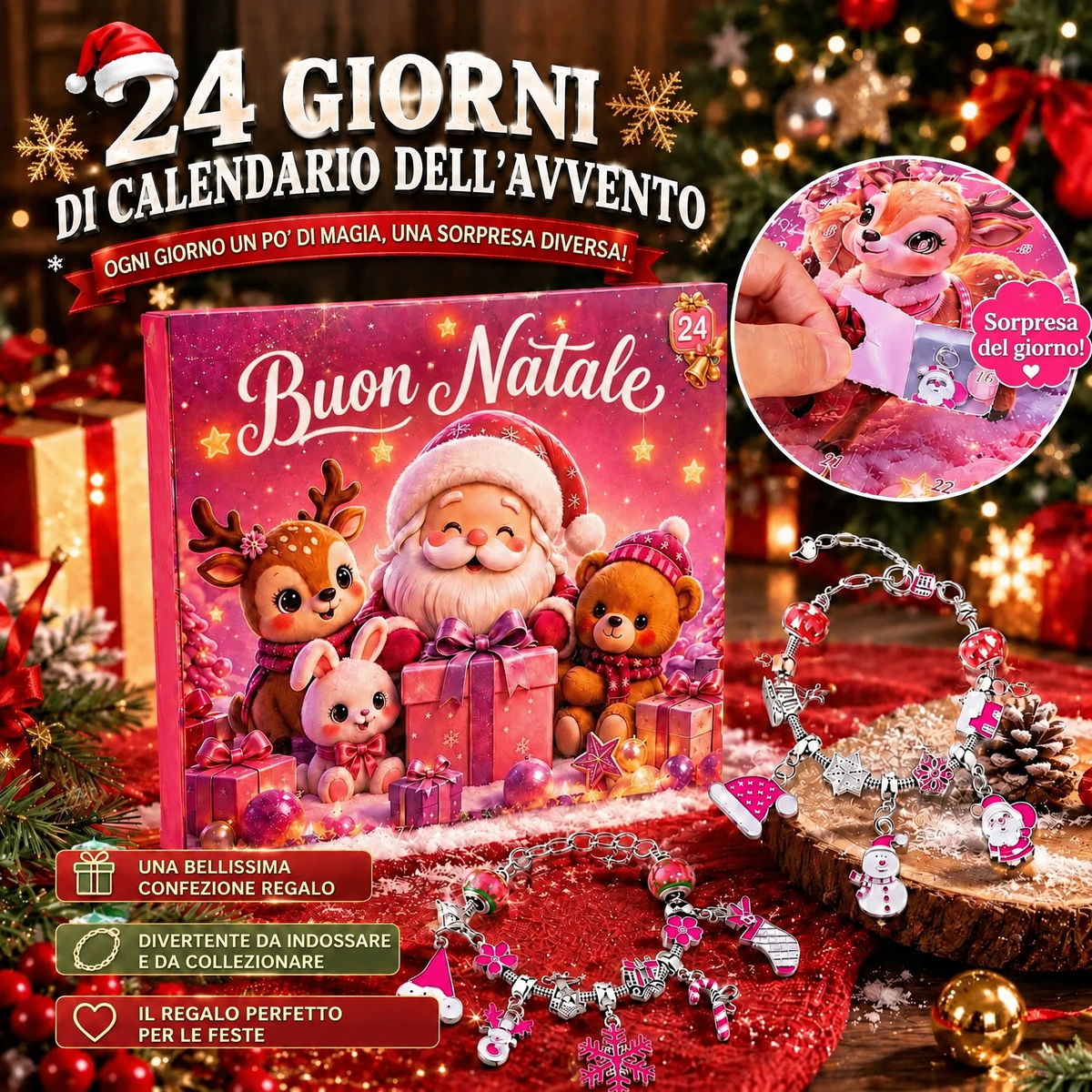 Confezione del calendario dell'Avvento con 24 finestrelle e braccialetti con ciondoli