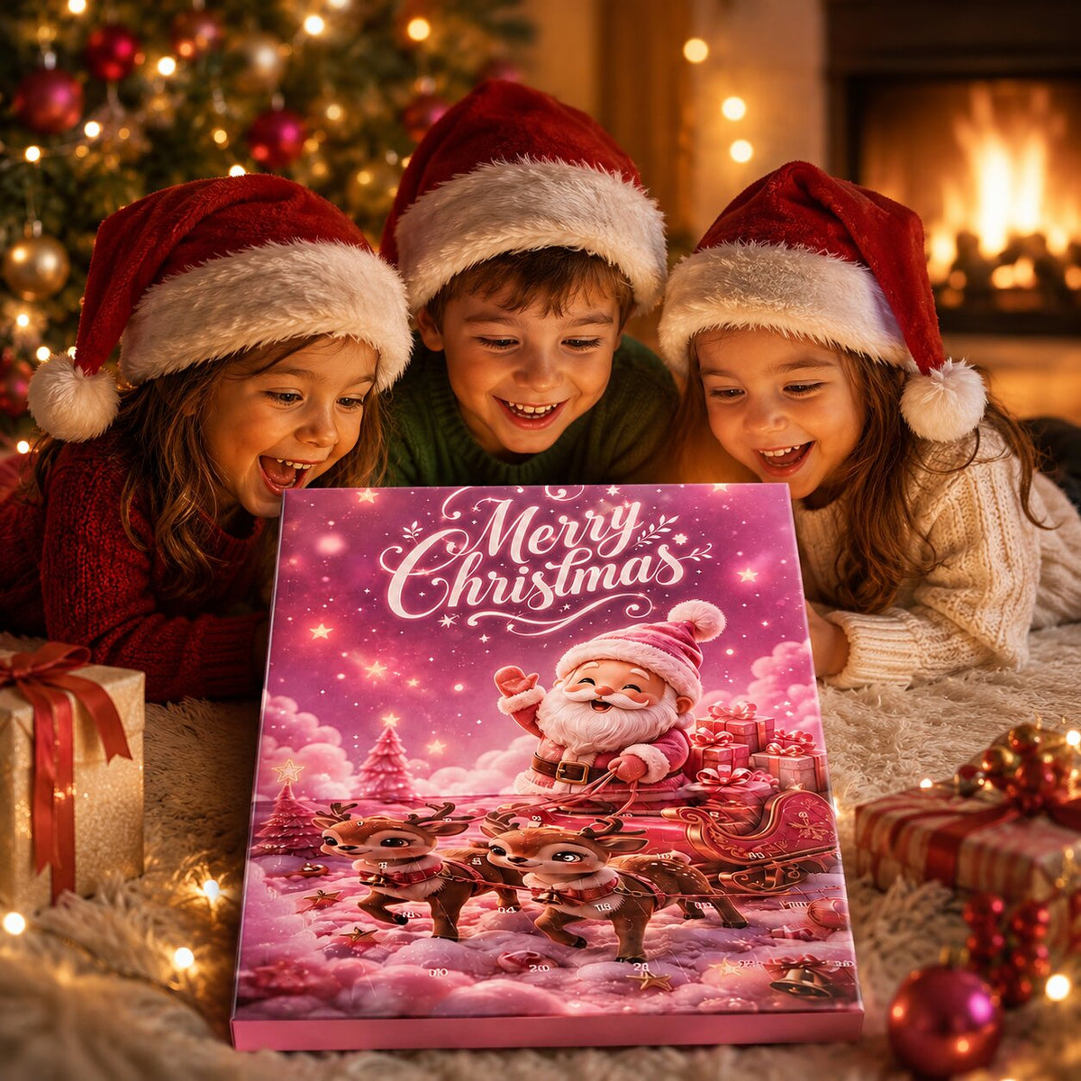 Bambini osservano la scatola rosa del calendario dell'Avvento davanti al camino