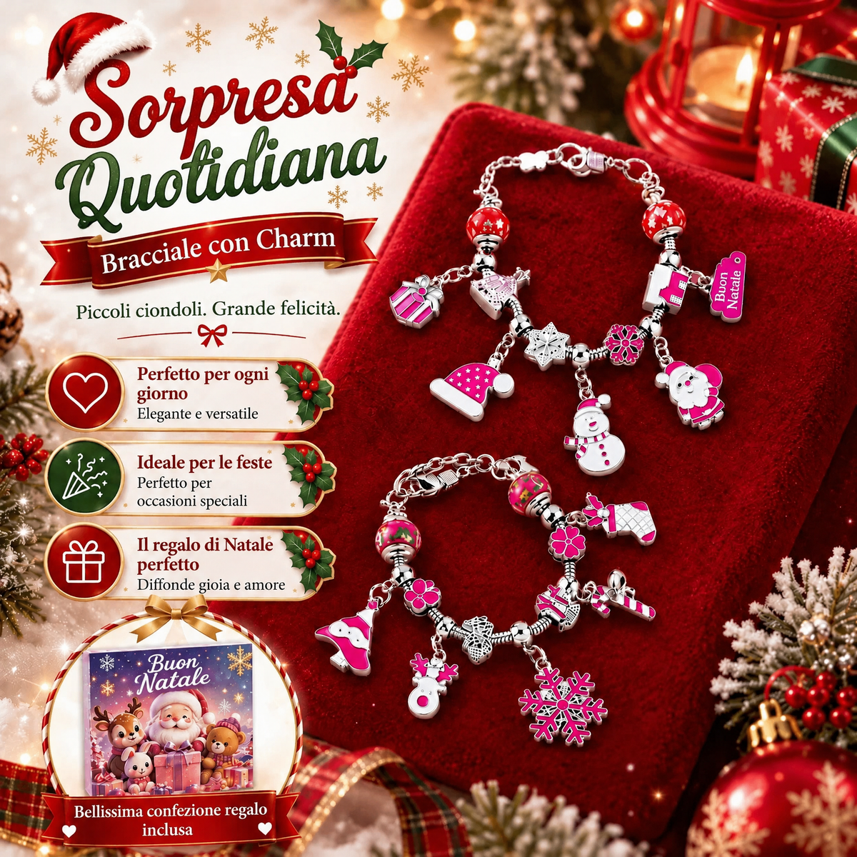 Braccialetti con ciondoli natalizi su fondo rosso e confezione regalo illustrata