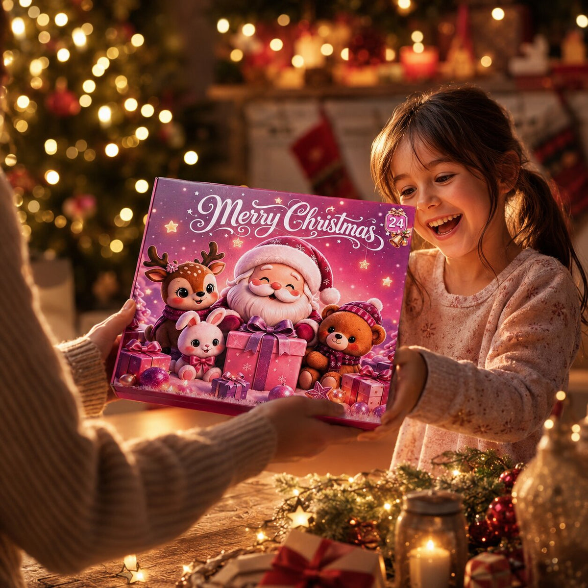 Bambina riceve la scatola rosa del calendario dell'Avvento con 24 finestrelle