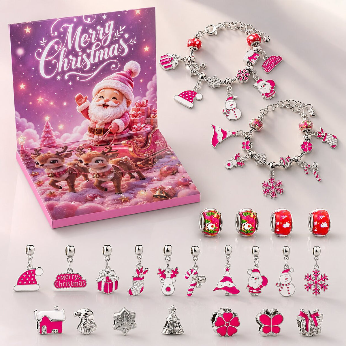 Contenuto completo: calendario, due braccialetti, perle e ciondoli natalizi rosa