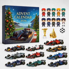 Calendario dell'Avvento Formula 1 2026 con auto da corsa, figure di piloti e ornamenti