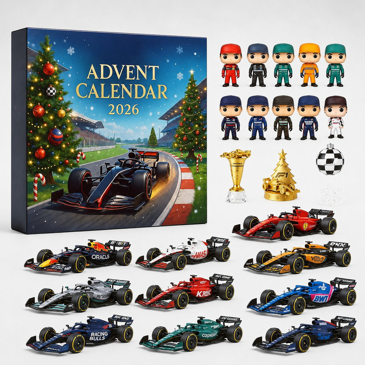 Calendario dell'Avvento Formula 1 2026 con auto da corsa, figure di piloti e ornamenti